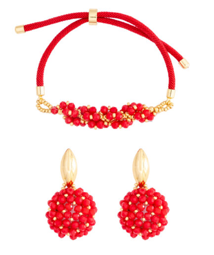 Juego de joyería artesanal rojo – Pulsera y aretes con detalles dorados