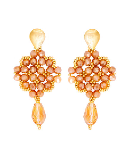 Aretes colgantes artesanales de cristal ámbar con detalles dorados