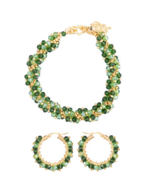Juego de collar y aretes dorados con cristales verdes