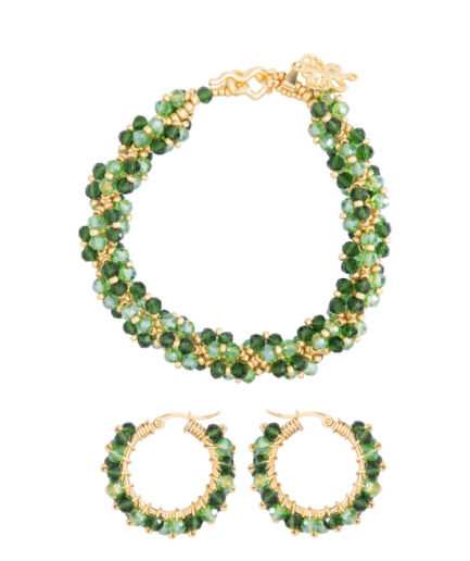 Juego de collar y aretes dorados con cristales verdes