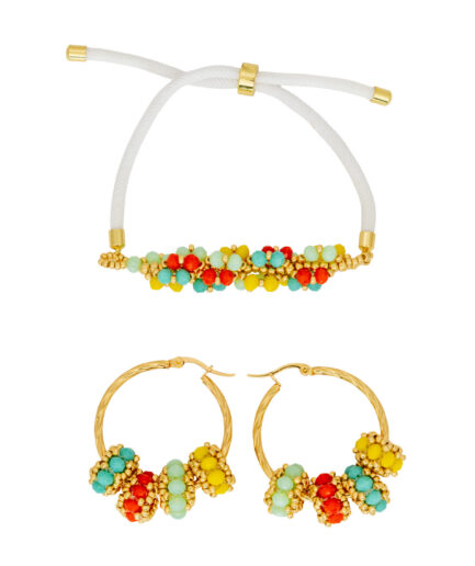 Juego de joyería artesanal multicolor con detalles dorados
