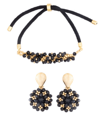 Aretes llamativos artesanales de cristal negro con detalles dorados